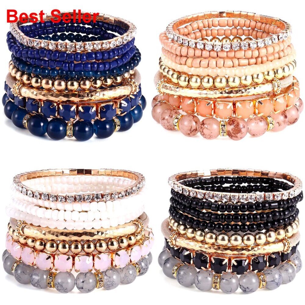 Multi-Color Layered Stackable Natural Beaded Bracelets Adjustable Stretch